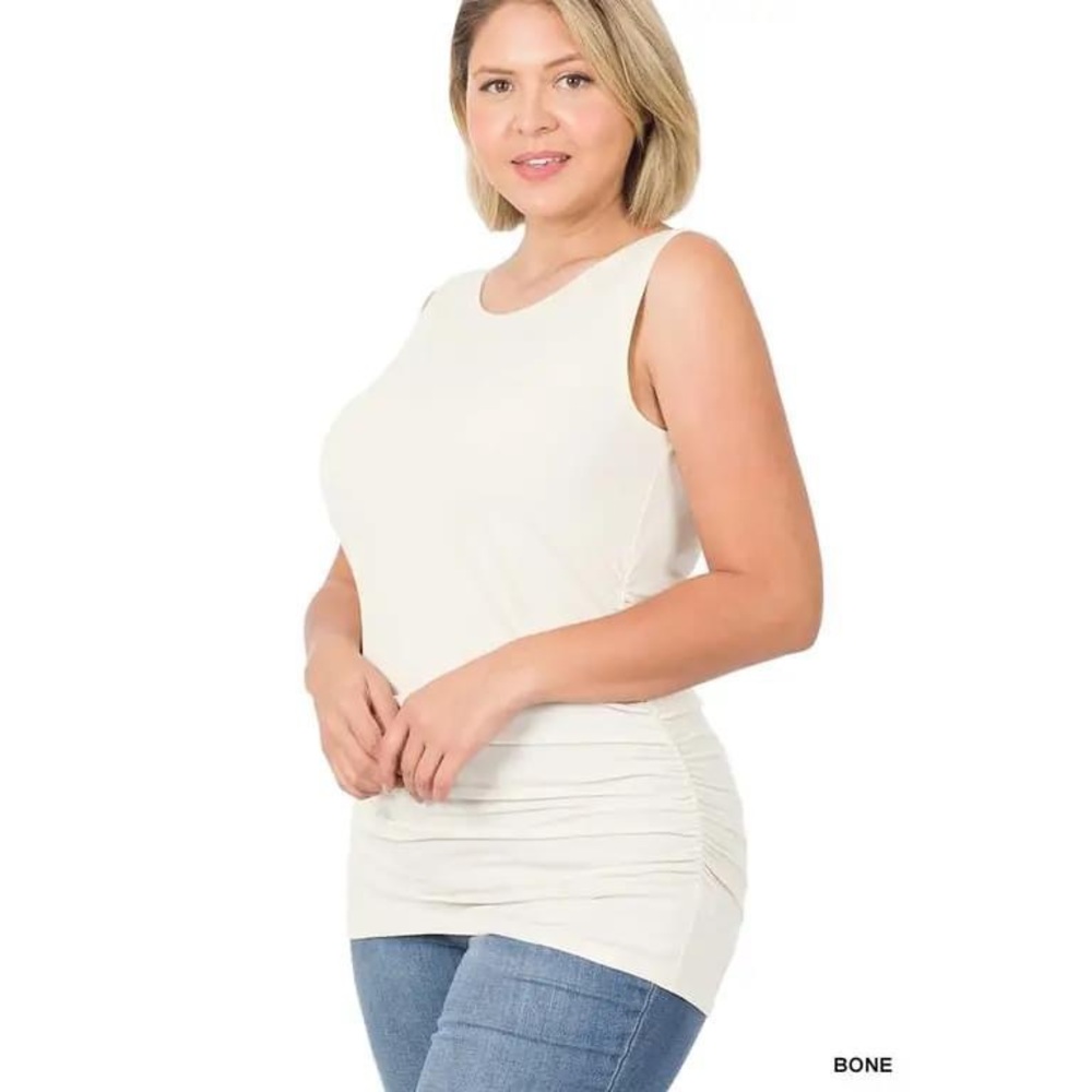 Plus Ity Side Ruched Sleeveless Top - Bone - 1XL